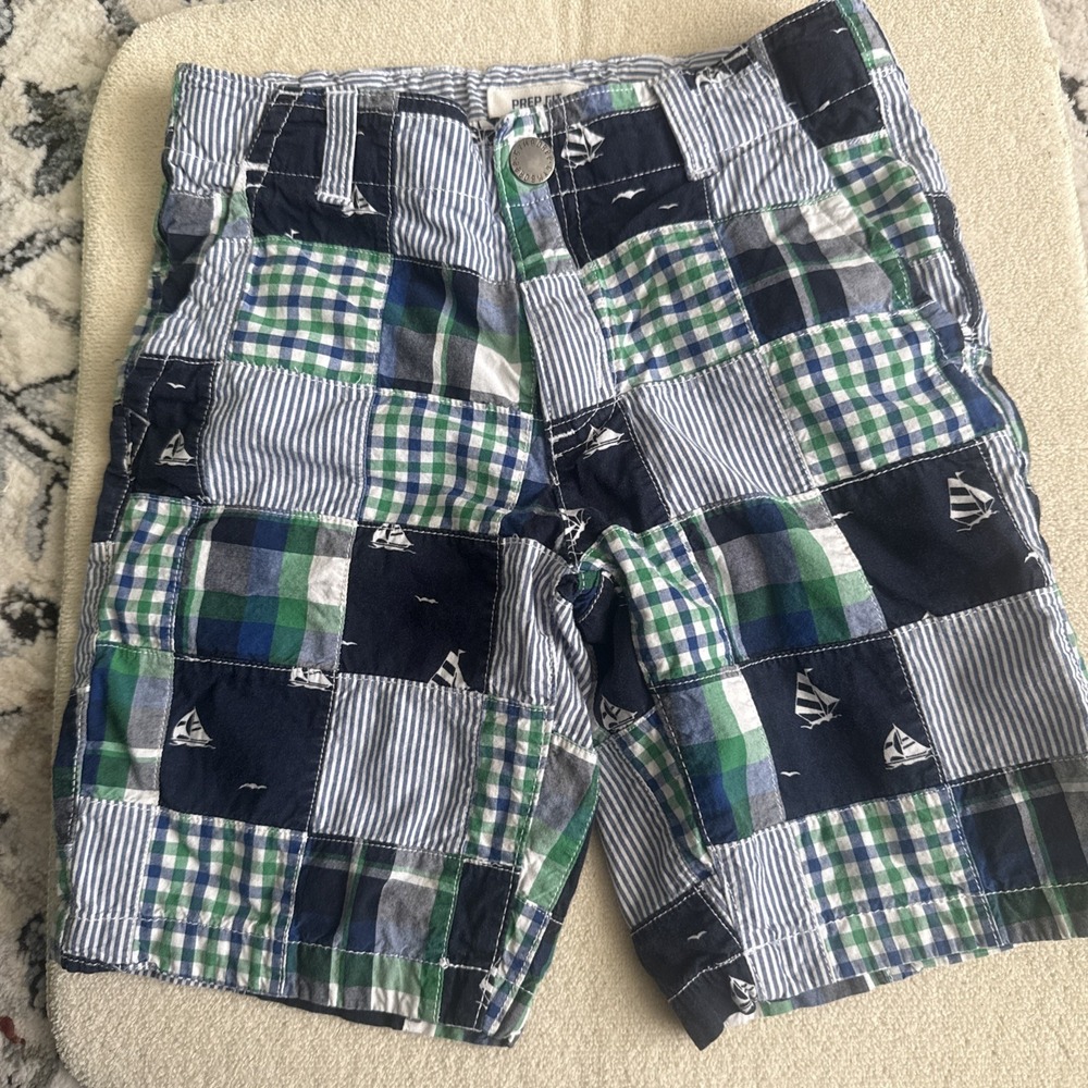 Gymboree Little Boys Size 7 Cotton Blue/Green Plaid Sailboat Shorts Adjustable